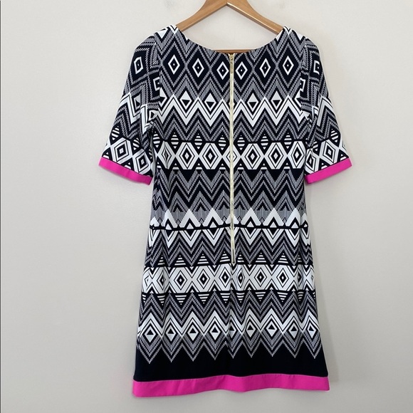 Eliza J Geometric Patterned Dress with Pink Accents 3/4 Sleeve Zipper Back Sz 10 - Picture 6 of 10